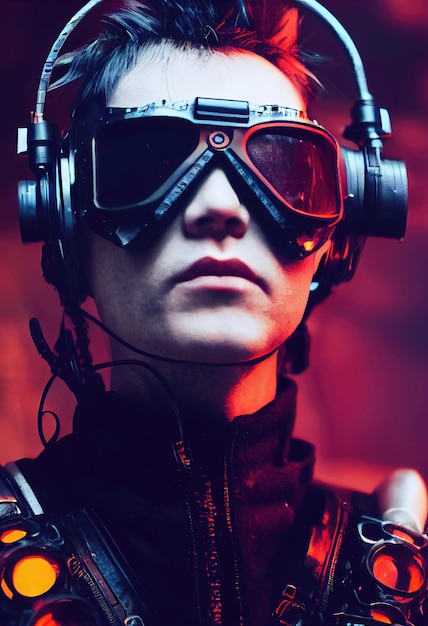 Retrato de um homem usando um fone de ouvido cyberpunk e equipamento cyberpunk. Um homem de alta tecnologia do futuro.
