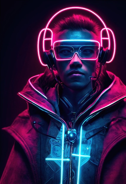 Retrato de um homem usando um fone de ouvido cyberpunk e equipamento cyberpunk. Um homem futurista do futuro.