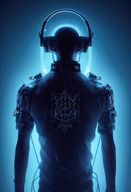 Retrato de um homem usando um fone de ouvido cyberpunk e equipamento cyberpunk. Um homem futurista do futuro.