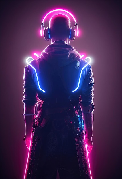 Retrato de um homem usando um fone de ouvido cyberpunk, óculos virtuais neon e equipamento cyberpunk
