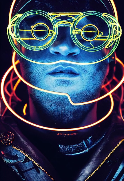 Foto retrato de um homem usando um fone de ouvido cyberpunk, óculos virtuais neon e equipamento cyberpunk