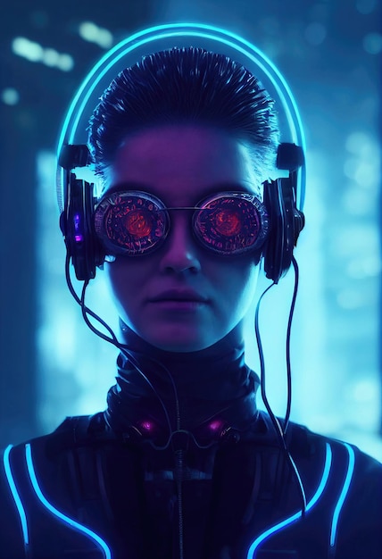 Retrato de um homem usando um fone de ouvido cyberpunk, óculos virtuais neon e equipamento cyberpunk