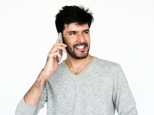 Retrato, de, um, homem, usando, um, telefone