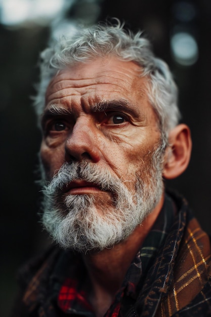 Retrato de um homem velho com barba cinzenta e bigode olhando para a câmera