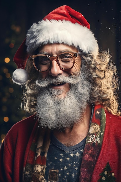 Retrato de um homem velho com longos cabelos grisalhos e barba vestindo roupas e óculos de Papai Noel