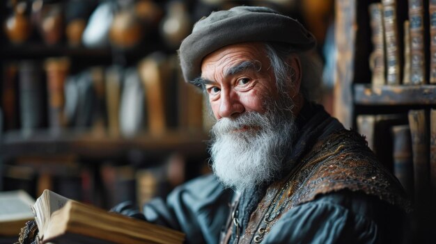 Retrato de um homem velho com uma barba cinzenta em um chapéu e um traje medieval Homem velho lendo um livro em um interior barroco antiquado