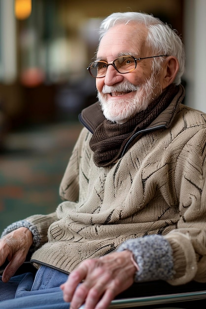 Retrato de um idoso aposentado feliz em uma poltrona na sala de estar de uma casa de repouso Um idoso satisfeito olhando para a câmera e sorrindo sozinho pensando Um idoso positivo e confiante desfruta de sua aposentadoria