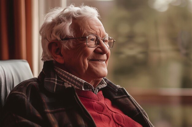 Retrato de um idoso aposentado feliz sentado em casa perto de uma janela Um velho satisfeito olhando para a câmera e sorrindo enquanto se relaxa perto da janela Um idoso positivo e confiante desfruta de sua aposentadoria