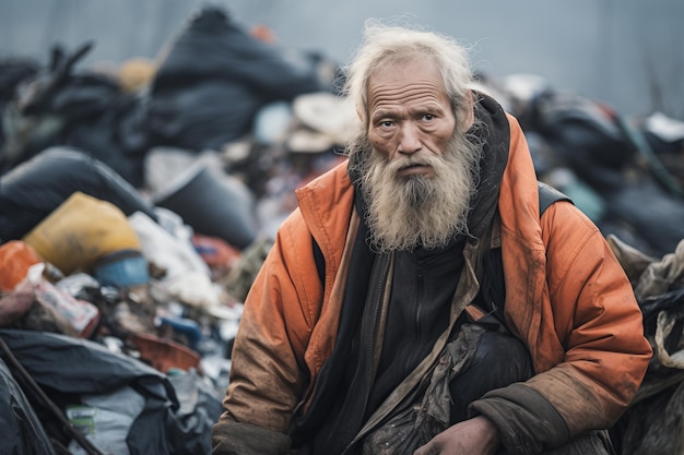 Foto retrato de um idoso asiático cansado, barbudo e sem-abrigo num aterro