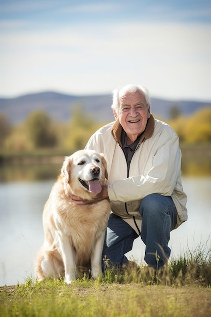 Retrato de um idoso feliz desfrutando da natureza com seu cachorro criado com IA generativa