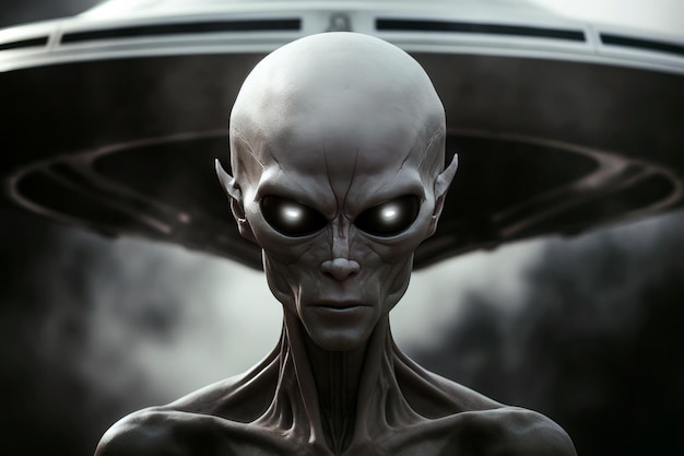Foto retrato de um invasor alienígena e de uma nave espacial ovni