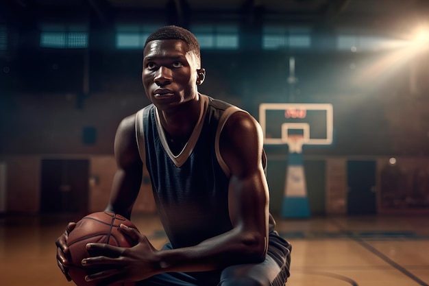 Retrato de um jogador de basquete masculino competindo na quadra