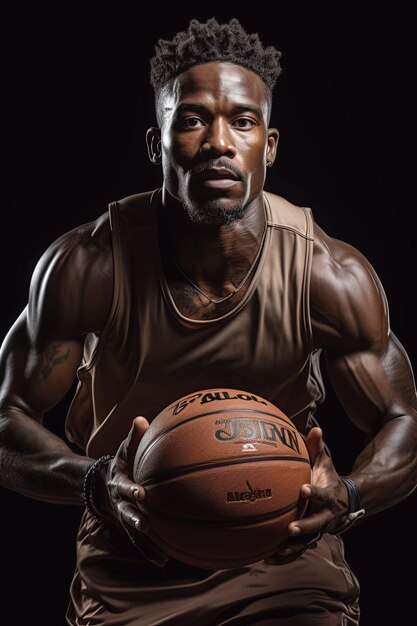 retrato de um jogador de basquete masculino profissional negro correndo com uma bola nas mãos em um fundo isolado