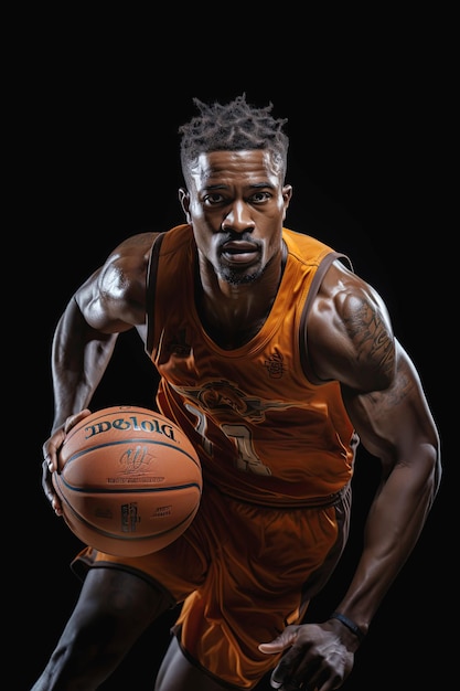retrato de um jogador de basquete profissional preto correndo com uma bola em suas mãos em um fundo isolado