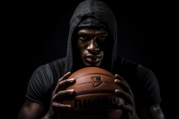 Retrato de um jogador de basquete segurando a bola enquanto olha para a câmera contra um fundo preto