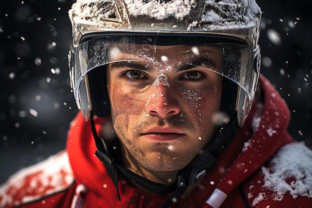 retrato de um jogador de hóquei branco com um capacete no estádio no inverno em uma nevasca