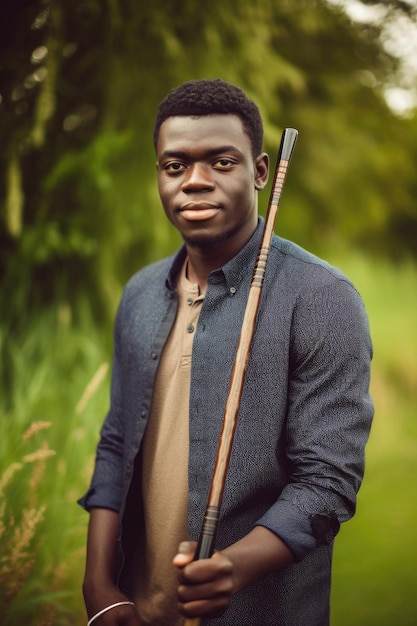 retrato de um jovem africano posando com tacos de golfe na grama criado com generative ai