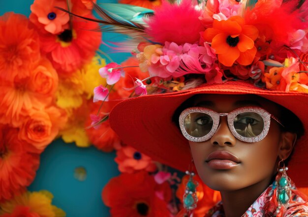 Retrato de um jovem afro-americano espantado vestindo um traje azul e um chapéu vermelho olhando para a câmera