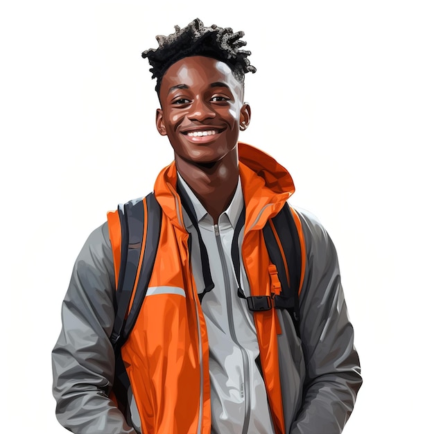 Retrato de um jovem afro-americano sorridente vestindo uma jaqueta laranja