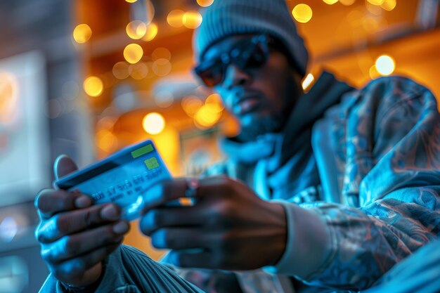 Retrato de um jovem afro-americano usando cartão de crédito na cidade noturna