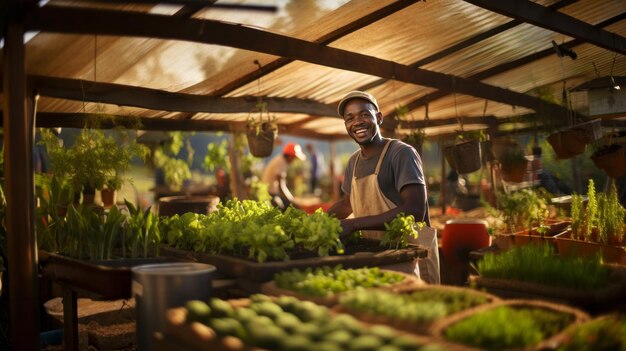 Foto retrato de um jovem agricultor africano ou de um pequeno empresário no viveiro de plantas