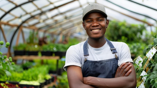 Retrato de um jovem agricultor africano ou proprietário de uma pequena empresa no viveiro de plantas