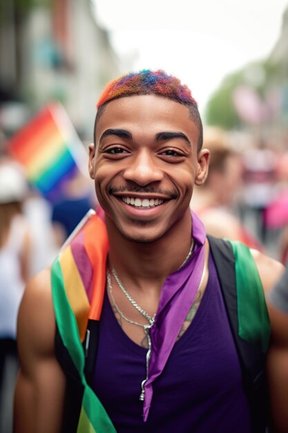 Retrato de um jovem alegre no desfile do orgulho criado com IA generativa