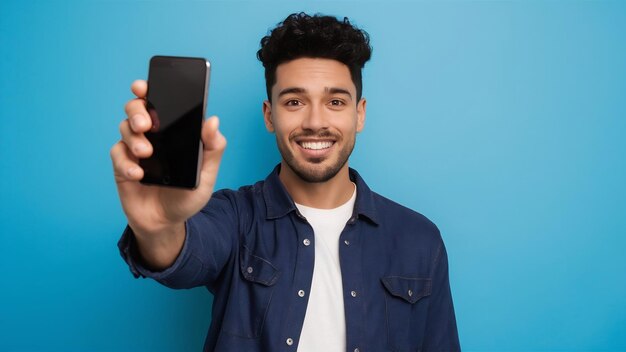 Retrato de um jovem anunciando um novo smartphone mostrando-o para a câmera contra um fundo azul