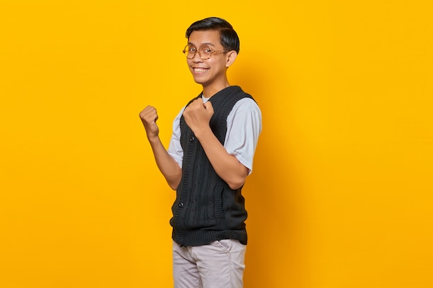 Retrato de um jovem asiático animado comemorando o sucesso com os braços erguidos em um fundo amarelo