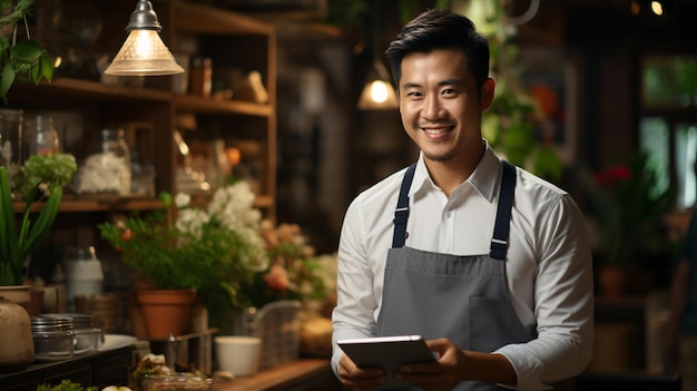 Retrato de um jovem asiático proprietário de um café ou restaurante com um tablet