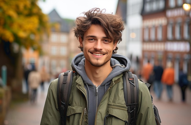 Retrato de um jovem atraente sorridente em jaqueta de jeans olhando diretamente para a câmera viajando sozinho com fundo de grande cidade Estilo de vida e conceito de viagem