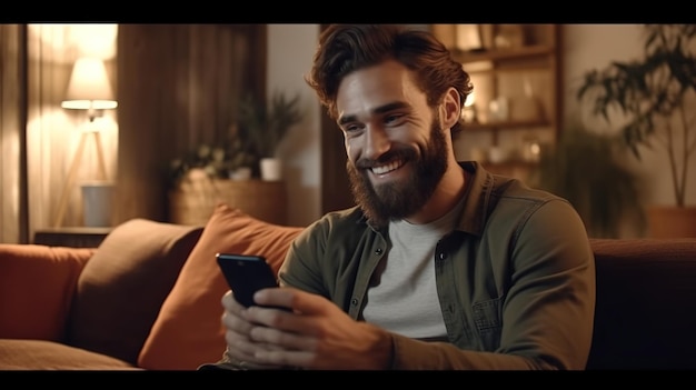 Foto retrato de um jovem barbudo bonito e feliz, gritando, com camisa azul estilo casual, em pé com supr