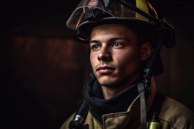 Retrato de um jovem bombeiro usando seu equipamento criado com IA generativa