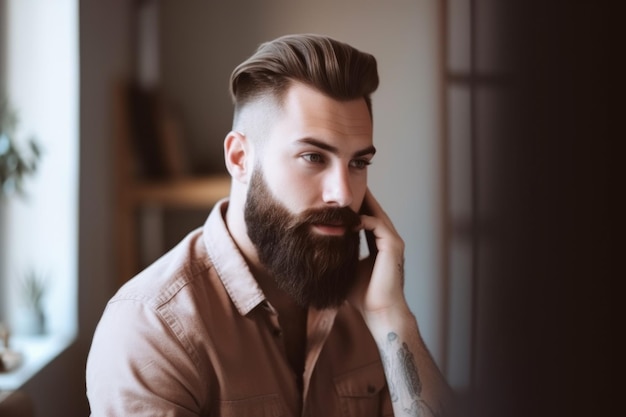 Foto retrato de um jovem bonito ao telefone enquanto trabalhava em casa criado com generative ai