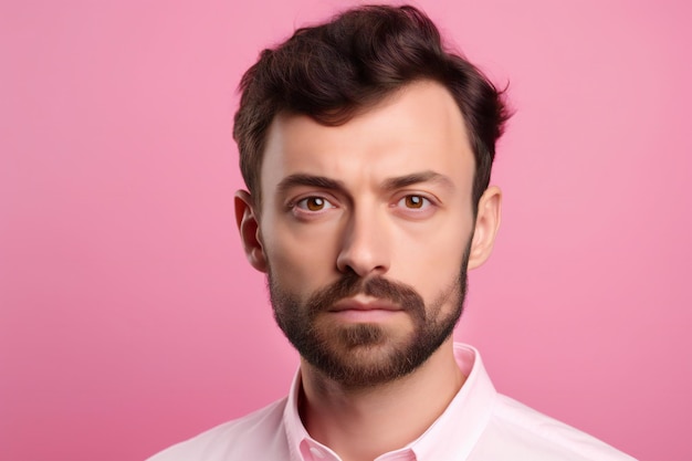 Retrato de um jovem bonito com barba em um fundo rosa