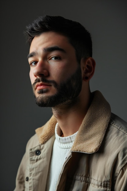 Foto retrato de um jovem bonito com barba olhando para longe sobre um fundo cinzento