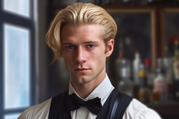 Retrato de um jovem bonito com cabelo loiro em um bar