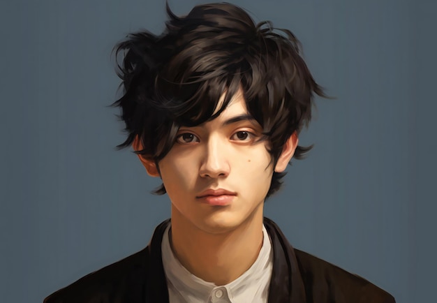 Retrato de um jovem bonito com cabelo preto curto em fundo cinza