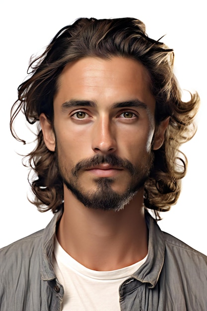 Retrato de um jovem bonito com longos cabelos castanhos e barba