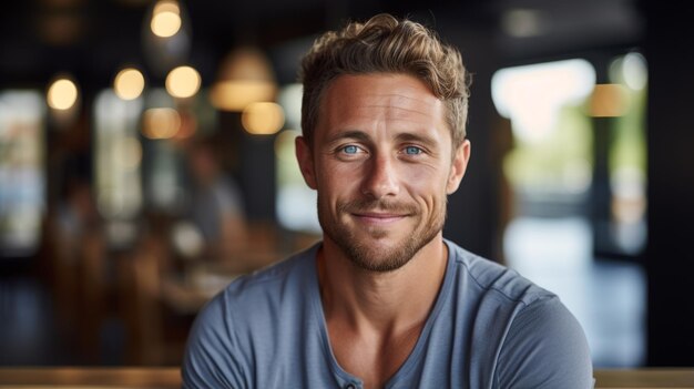 Foto retrato de um jovem bonito com olhos azuis e barba vestindo uma camiseta cinzenta