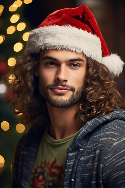 Retrato de um jovem bonito com um chapéu de Papai Noel na época do Natal