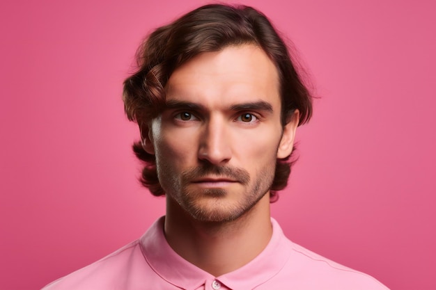 Retrato de um jovem bonito na camisa rosa no fundo rosa