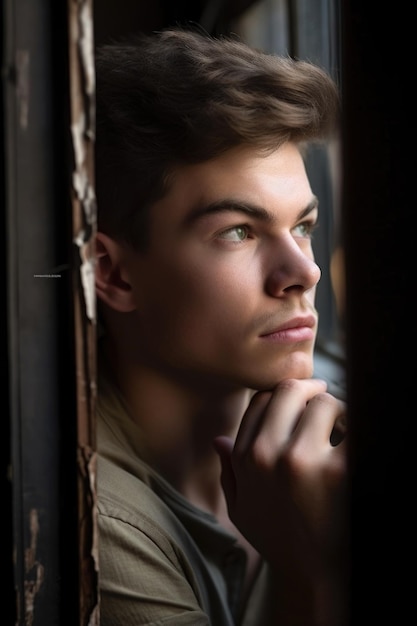 Retrato de um jovem bonito olhando através da moldura da janela criado com IA generativa