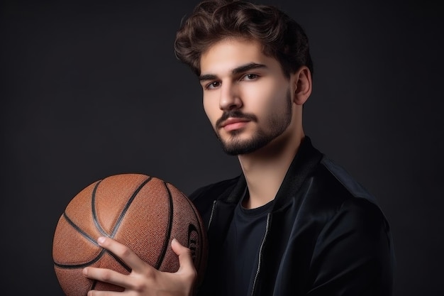 Retrato de um jovem bonito segurando uma bola de basquete criada com ai generativa