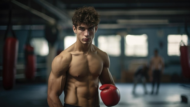 Retrato de um jovem boxeador no ginásio ele olhando para a câmera depois de um treino de boxe é um esporte