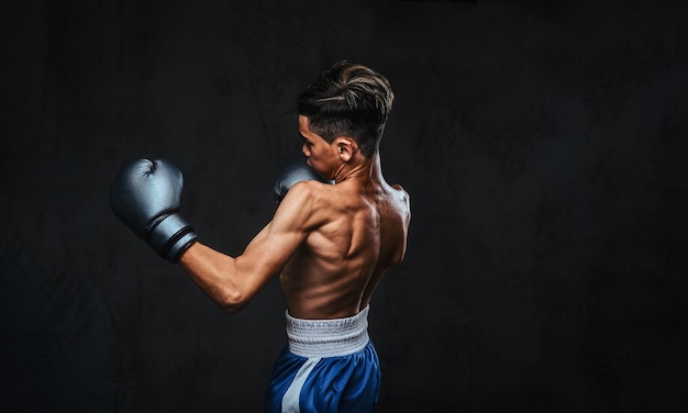Retrato de um jovem boxeador sem camisa bonito durante exercícios de boxe, focado no processo com facial concentrado sério.