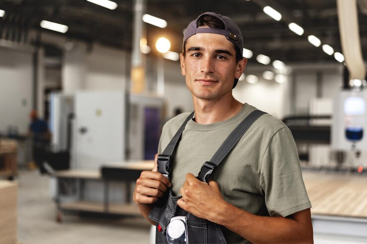 Foto retrato de um jovem carpinteiro em pé na oficina de madeira