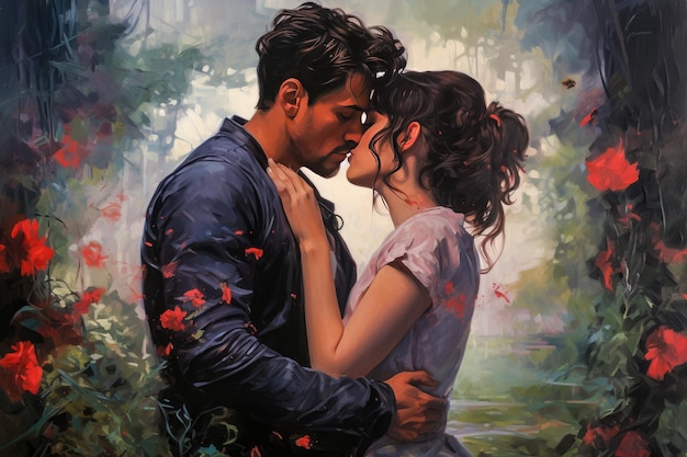 Retrato de um jovem casal apaixonado Pintura a óleo em tela