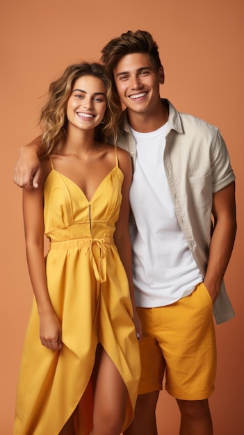Foto retrato de um jovem casal feliz de amarelo de pé juntos e sorrindo para a câmera vertical