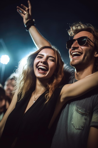 Retrato de um jovem casal feliz desfrutando de um concerto criado com ai generativa